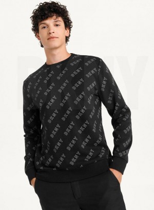 DKNY All Over Logo French Terrycrewneck Men's Sweatshirts Black | Ireland_D0141