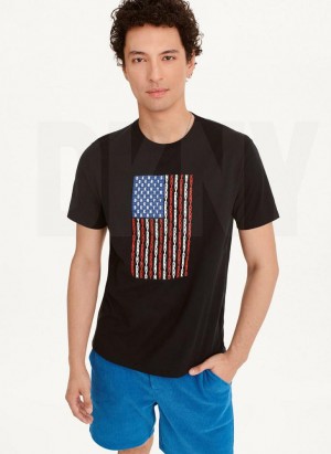 DKNY American Flag Logo Men's T Shirts Black | Ireland_D1600