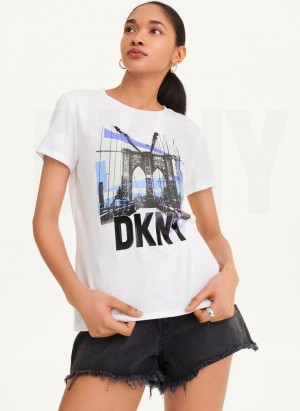 DKNY Brooklyn Bridge Logo Women's T Shirts White | Ireland_D1735