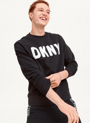 DKNY Chenille Logo Crewneck Men's Sweatshirts Black | Ireland_D0603