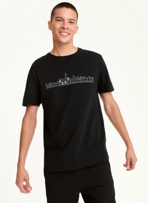 DKNY Cityscape Sketch Men's T Shirts Black | Ireland_D1408