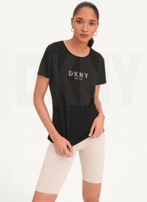 DKNY Crinkle Foil Spec Logo Women's T Shirts Black | Ireland_D0179