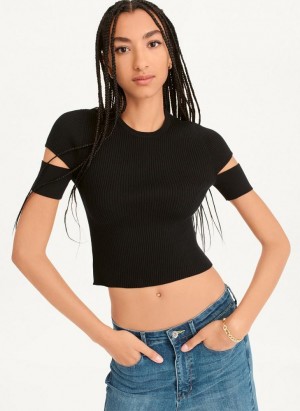 DKNY Cut Out Knit Women's T Shirts Black | Ireland_D1421