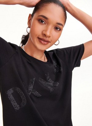 DKNY Diagonal Rhinestone Logo Women's T Shirts Black | Ireland_D0567