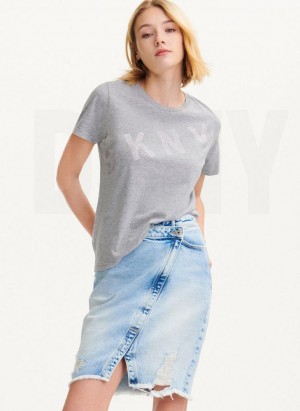 DKNY Diagonal Rhinestone Logo Women's T Shirts Grey | Ireland_D1938