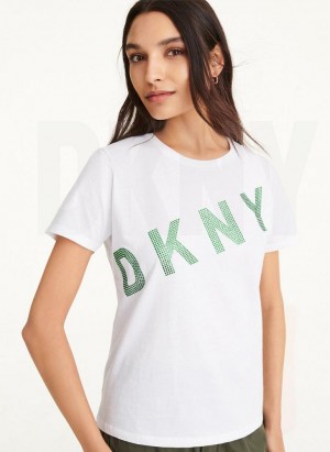 DKNY Diagonal Rhinestone Logo Women's T Shirts White | Ireland_D0738