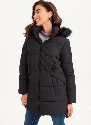 DKNY Double-Pocketed Faux-Fur Long Puffer Women's Coats Black | Ireland_D0205