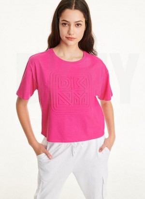 DKNY Embossed Logo Jersey Women's T Shirts Pink | Ireland_D0306