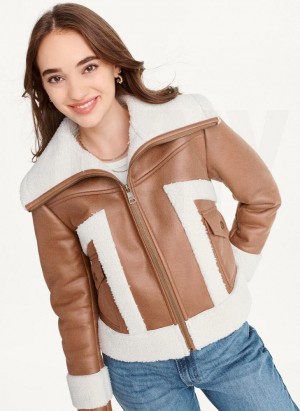 DKNY Faux-Suede Shearling Trim Biker Women's Jackets Brown | Ireland_D0476