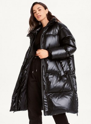 DKNY Faux Leather Long Puffer Women's Coats Black | Ireland_D1318