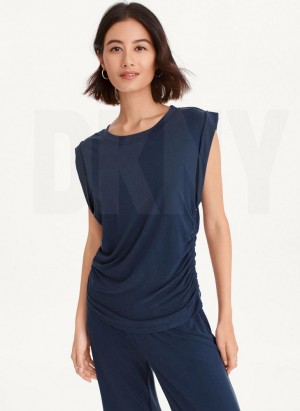 DKNY Flange Sleeve With Side Ruching Women's Tank Top Navy | Ireland_D0998