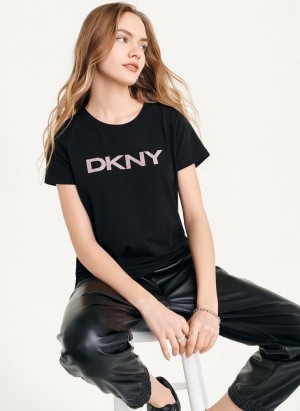 DKNY Glitter Logo Women's T Shirts Black | Ireland_D0771