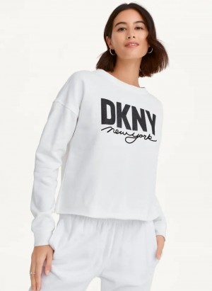 DKNY Glitter Script Logo Cropped Raw Edge Women's Sweatshirts White | Ireland_D1440