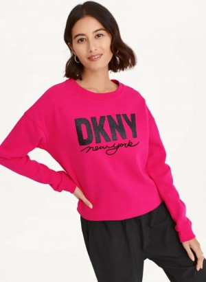 DKNY Glitter Script Logo Cropped Raw Edge Women's Sweatshirts Pink | Ireland_D1043