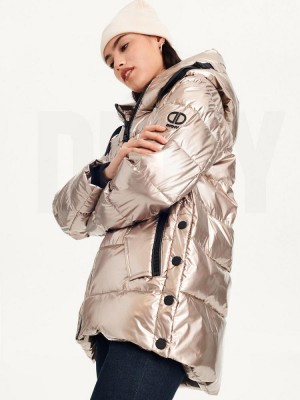 DKNY Glossy Mid Length Women's Puffer Jacket Gold | Ireland_D0763