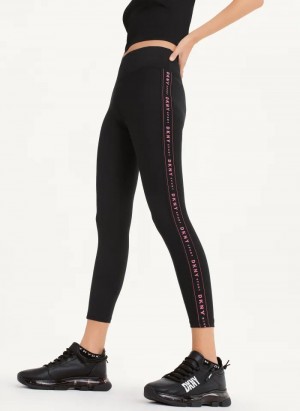 DKNY High Waist 7/8 Tight with Logo Taping Women's Leggings Black / Pink | Ireland_D0465