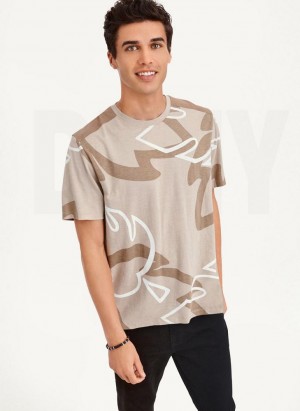 DKNY Leaves Print Slub Jersey Men's T Shirts Khaki | Ireland_D0905