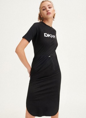 DKNY Logo Drawstring Waist Women's Dress Black | Ireland_D0989