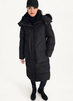 DKNY Long Puffer With Faux Fur Hood Women's Coats Black | Ireland_D1449