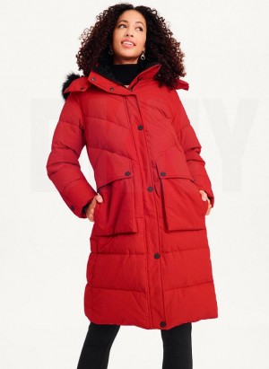 DKNY Long Puffer With Faux Fur Hood Women's Coats Red | Ireland_D0821