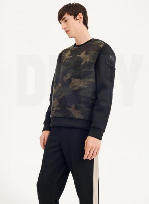 DKNY Long Sleeve Camo Neoprene Sleeve Crewneck Men's Sweatshirts Camo | Ireland_D0463