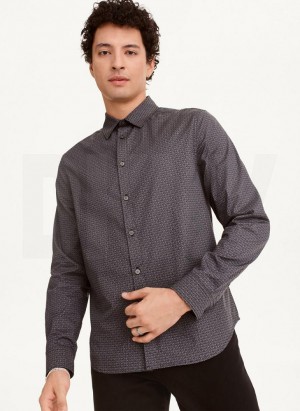 DKNY Long Sleeve Interlocking Logo Men's Shirts Black / White | Ireland_D1451