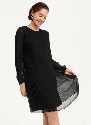 DKNY Long Sleeve Pleated A Line Women's Dress Black | Ireland_D0766