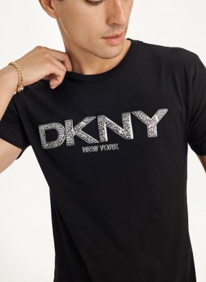 DKNY Metallic Puff Logo Men's T Shirts Black | Ireland_D0583