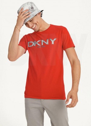 DKNY Metallic Puff Logo Men's T Shirts Red | Ireland_D0277