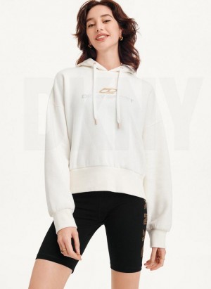 DKNY Mixed Distressed Metallic Logo Cropped Women's Hoodies White | Ireland_D1077