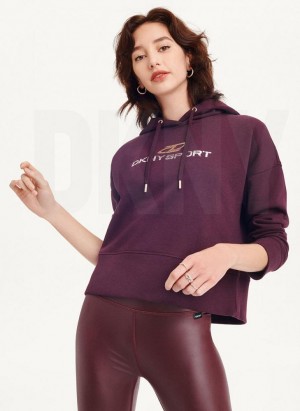 DKNY Mixed Distressed Metallic Logo Cropped Women's Hoodies Burgundy | Ireland_D0809