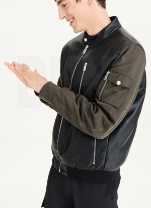 DKNY Mixed Media Faux Leather Bomber Men's Jackets Black / Olive | Ireland_D1612