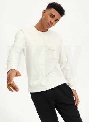 DKNY Mixed Media Pocket Long Sleeve Knit Men's T Shirts White | Ireland_D1367