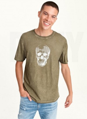 DKNY OUTLINE LOGO SKULL MINERAL WASH Men's T Shirts Olive | Ireland_D0594