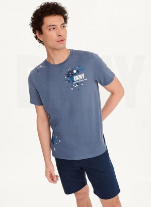 DKNY Paint Splatter Men's T Shirts Indigo | Ireland_D1008