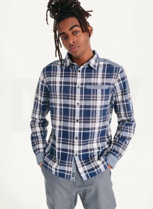 DKNY Plaid Long Sleeve Button Up Men's Shirts Navy | Ireland_D1129