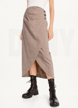 DKNY Plaid Midi Women's Skirts Brown | Ireland_D0535