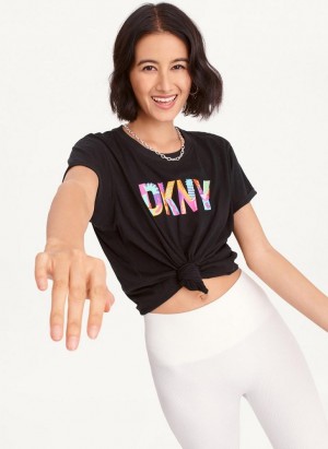 DKNY Pride Logo Knot Front Women's T Shirts Black | Ireland_D1253