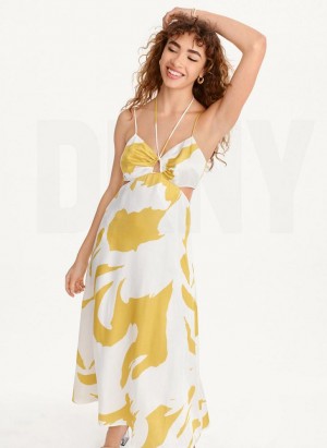 DKNY Printed Cut Out Halter Women's Dress Yellow | Ireland_D0906