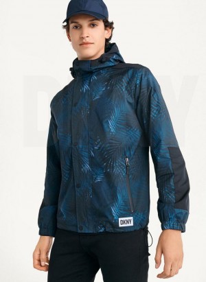 DKNY Printed Nylon Wild Palm Hooded Rain Men's Jackets Navy | Ireland_D0747