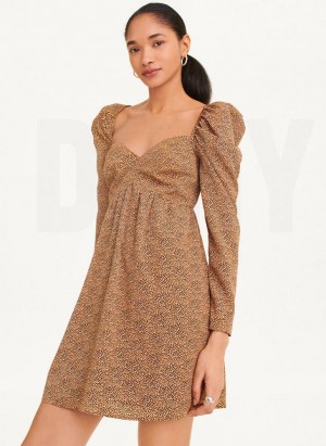 DKNY Printed V-Neck Women's Dress Brown | Ireland_D0549