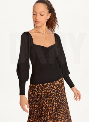 DKNY Puff-Sleeve Sweatheart Women's Sweaters Black | Ireland_D0335