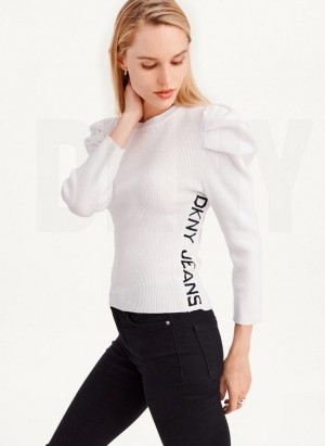 DKNY Puff Sleeve Women's Sweaters White | Ireland_D1182