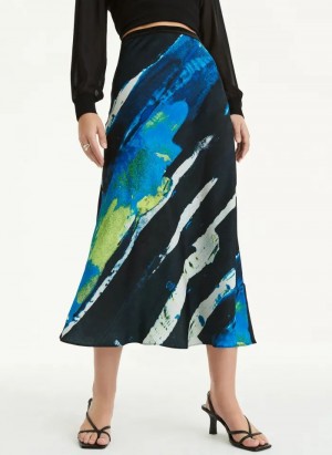 DKNY Pull On Print Satin Midi Women's Skirts Blue | Ireland_D1100