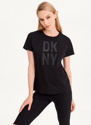 DKNY Rhinestone Glitter Logo Women's T Shirts Black | Ireland_D1407