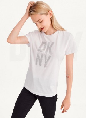 DKNY Rhinestone Glitter Logo Women's T Shirts White / Silver | Ireland_D0122