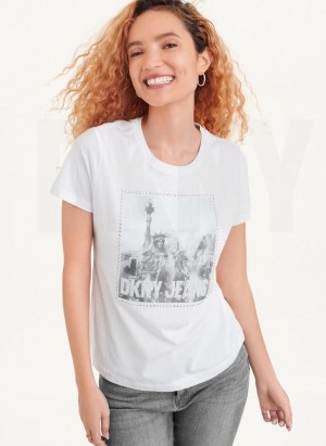 DKNY Short Sleeve City Logo Women's T Shirts White | Ireland_D0722