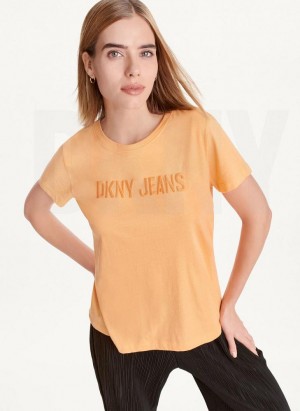 DKNY Short Sleeve Embossed Logo Women's T Shirts Yellow | Ireland_D1248