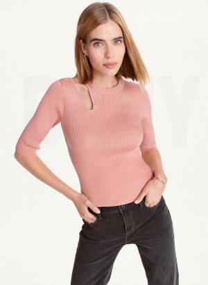 DKNY Short Sleeve Shoulder Cut Out Women's Sweaters Pink | Ireland_D0481