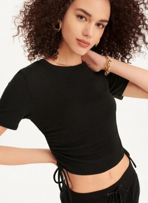 DKNY Short Sleeve Side Ruched Women's T Shirts Black | Ireland_D0374